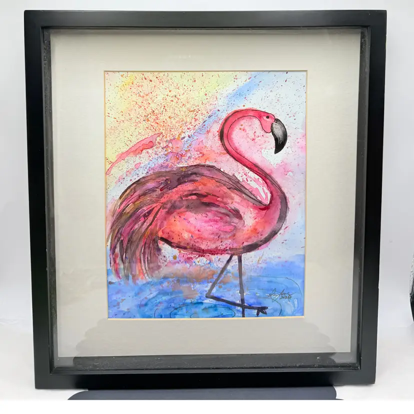 **Art By Me- Original Framed 8x10 Water Color & Ink Pink Flamingo “ Dancing In Dreams”