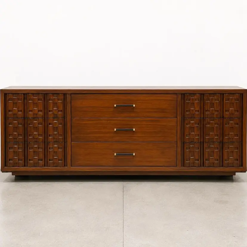 Vintage Mid-Century Modern Brutalist Dresser. Long Lowboy / Credenza
