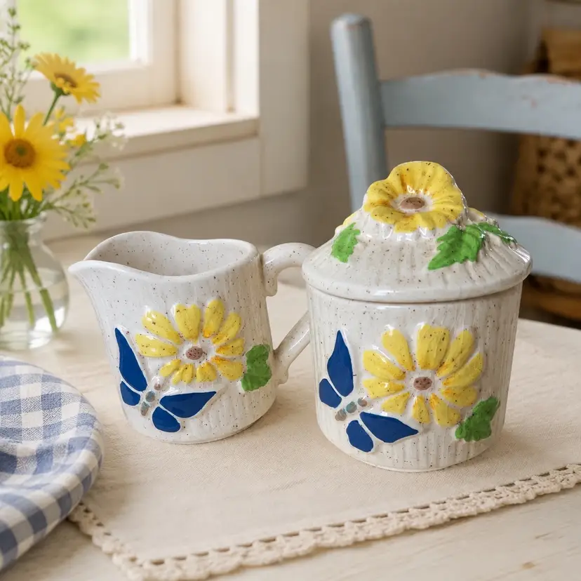 Vintage 1970s speckled ceramic sugar and creamer set featuring embossed yellow daisy flowers and vibrant blue butterflies Signed On Both Name Laurie In Cursive
