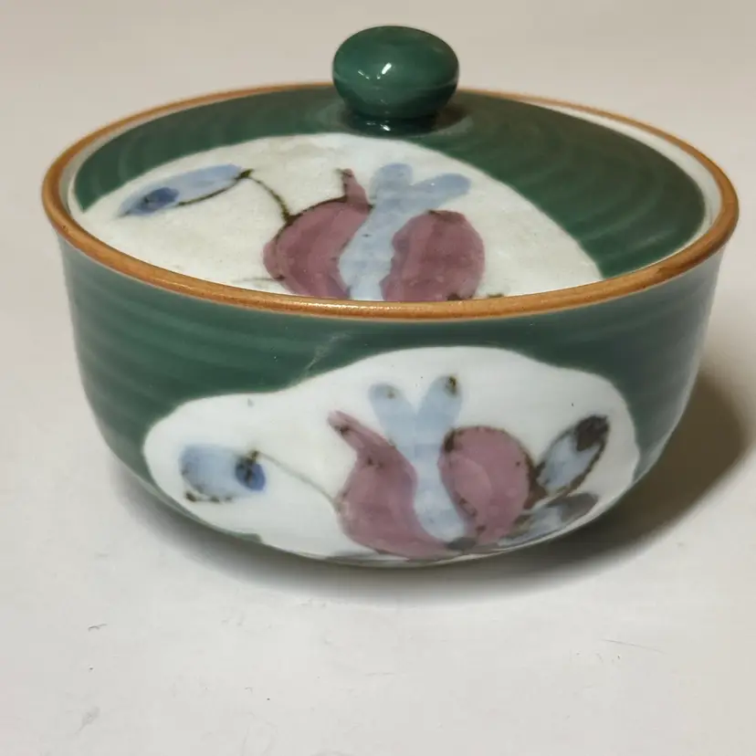 Green Floral Lidded Ceramic Trinket Dish Japanese signed 3.5” diameter