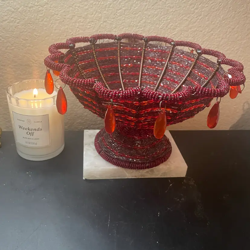 Handmade 9” Red micro-beaded wire art pedestal fruit bowl or decorative basket w/ dangling teardrop beads