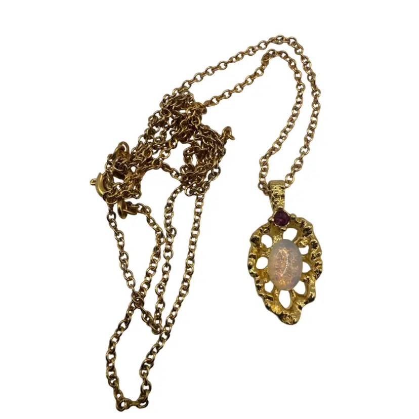 Genuine Opal Ruby Gold tone Pendant 18" Chain Necklace