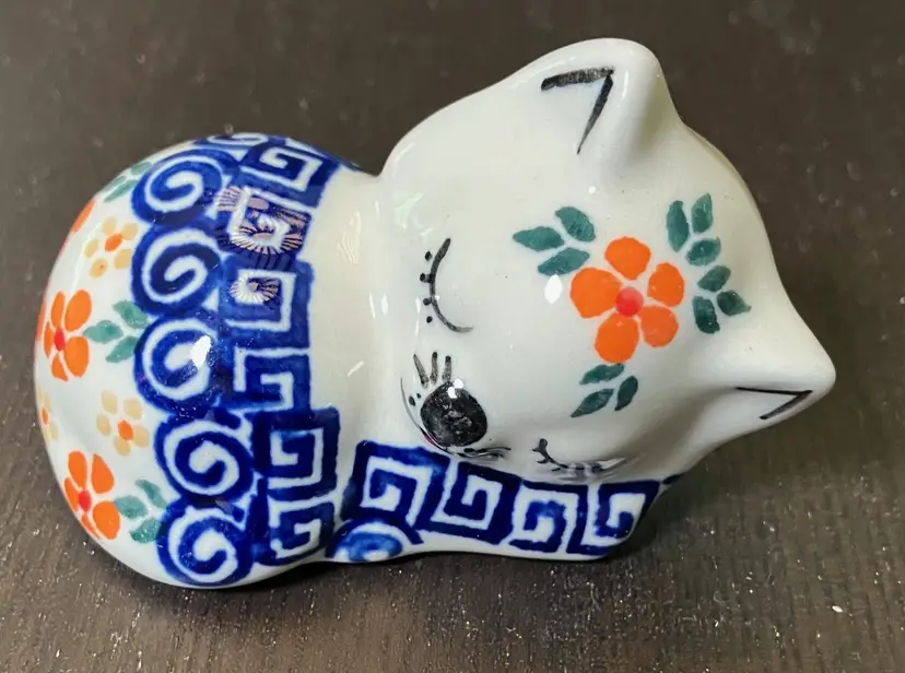Polish Pottery Sleeping Cat Figurine Folk Art