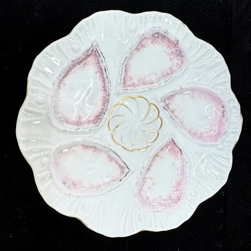 Vintage M.Z. Austria Porcelain Pink Five-Well Oyster Plate Gold Accent A1171