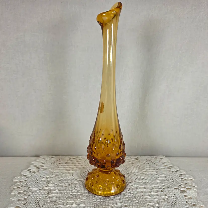 Vintage Fenton Amber Hobnail Swung Vase 11" Art Glass Mid Century MCM Embossed Logo