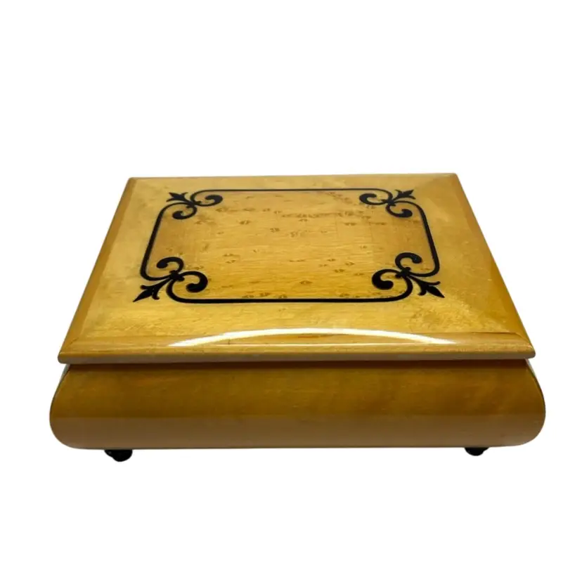 Vintage Intarsitalia Made In Italy Footed Crafted Marquerty Wood With Black Scroll Design And Cream Interior Working Music/ Jewelry Box “ Autumn Leaves” 
2 1/2x6 3/4x5 1/4”