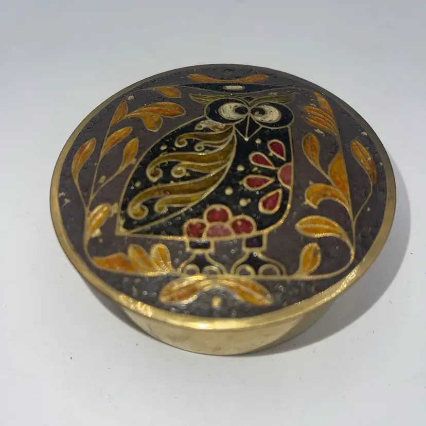 03-Vintage Owl Design Cloisonne Brass Trinket Box made in India 3” X 1.25”