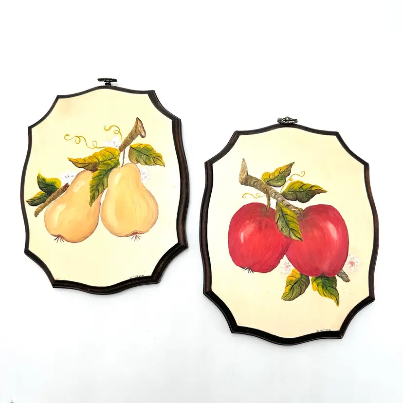 Pear Apple Wood Hand Painted Wall Plaques 10 X 8”