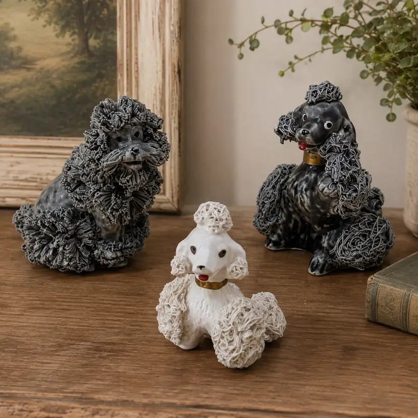 Set of 3 Vintage 1950s Ceramic Spaghetti Poodle Figurines White and Gray