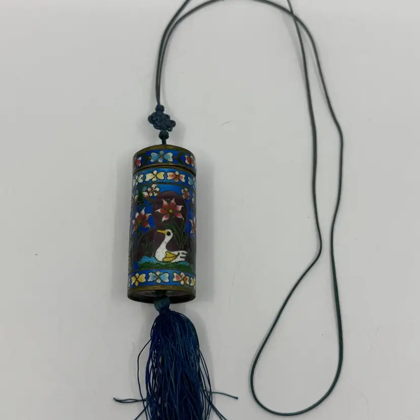 Vintage Cloisonne Enamel Cylindrical Pendant Necklace w Tassel Stash Pill Bottle