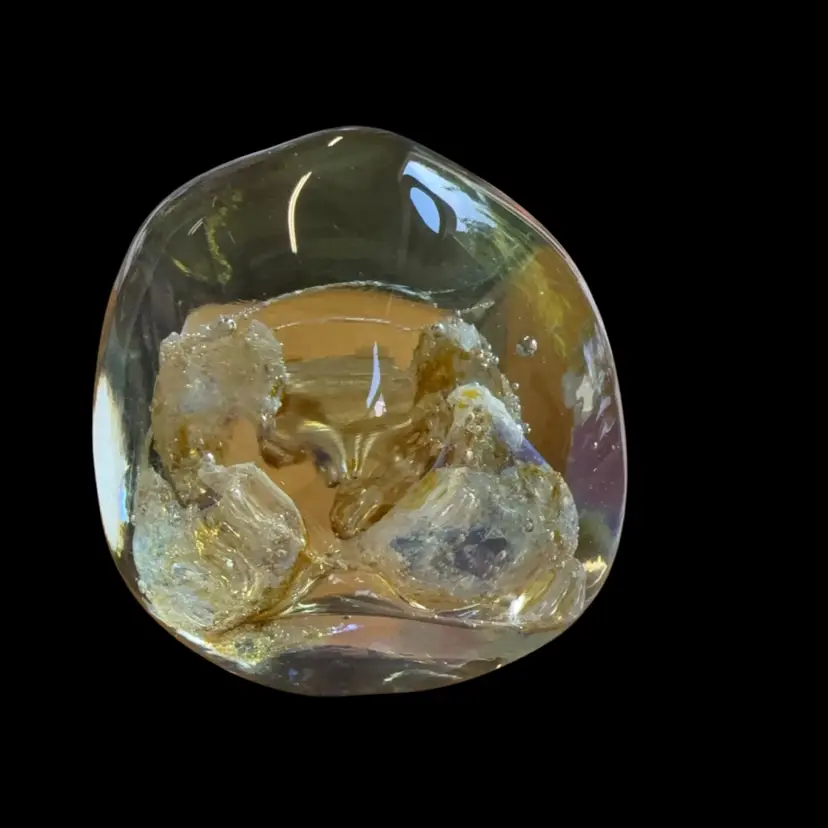 Clear Faceted Shape With White And Gold Shapes Inside Signed Neil Duman 1977 - 3 1/2” Talk X 3” Wide
