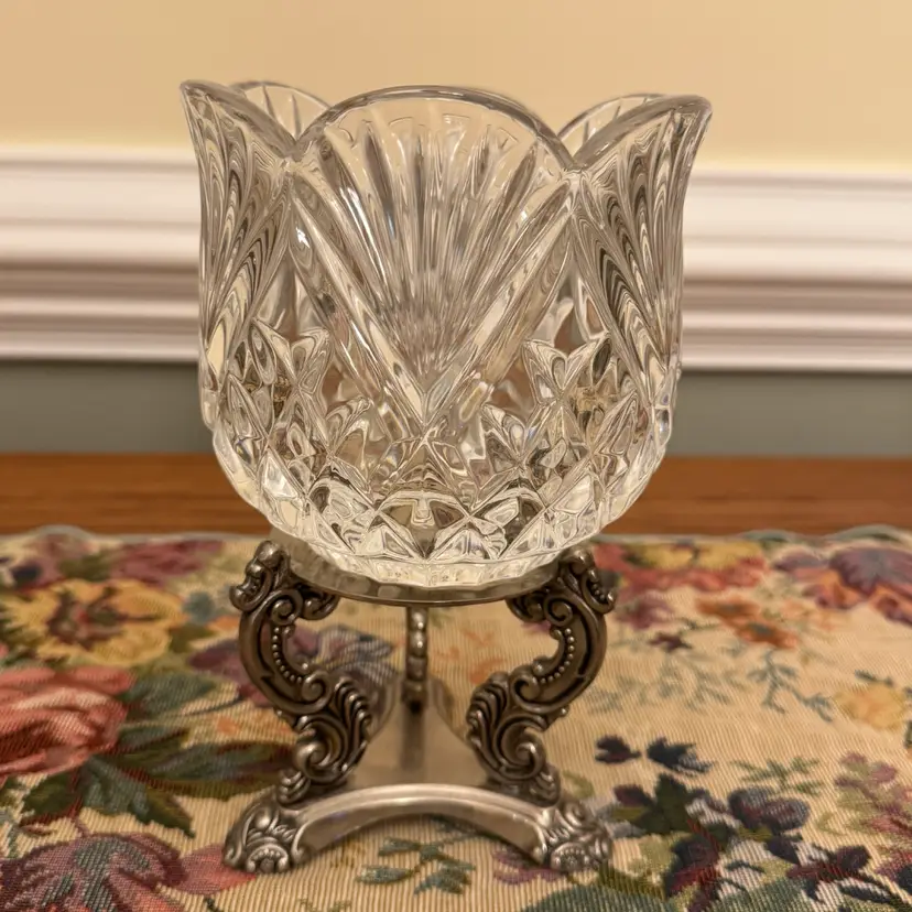 Vintage Godinger Dublin Lead Crystal Votive on Baroque Silver-Plated Stand – 7”