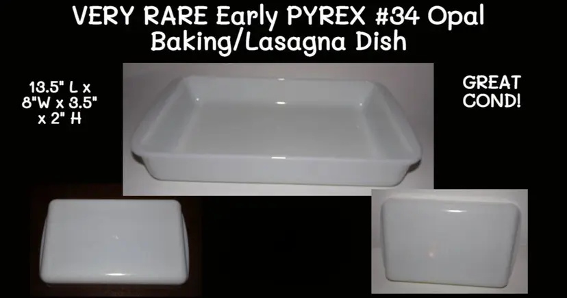 Very Early Pyrex #34 Opal / Milk Glass Lasagna / Baking Dish, Full Handles, 1969-1970