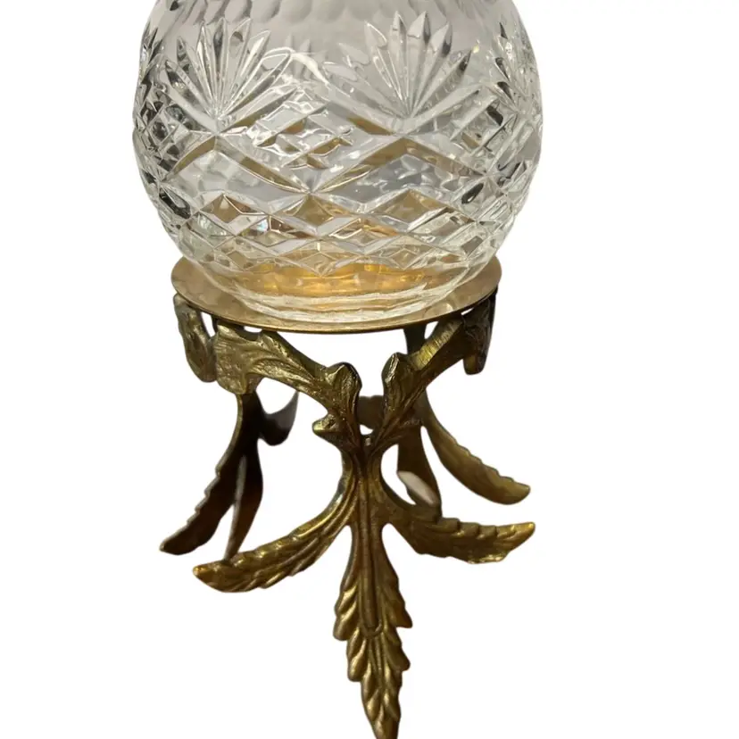 Married Together Vintage Brass Pedestal Three Footed Leaf Pattern Stand Included With Crystal Rose Bowl Stand 6” Tall Bowl 3 1/2” Tall
