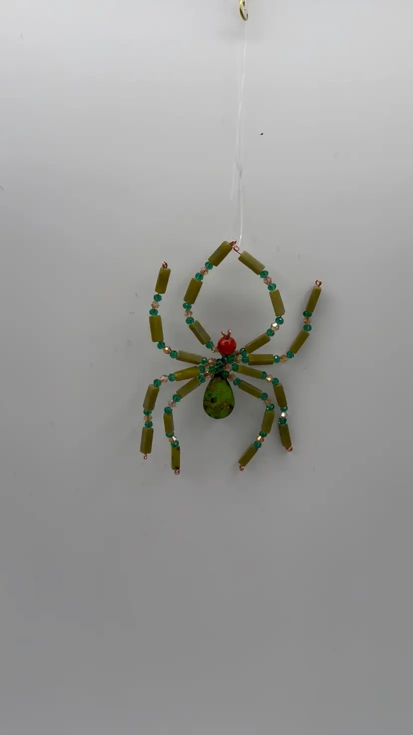 Holly Jolly Green Stripe Beaded Christmas Spider 4” Wide Made By Me