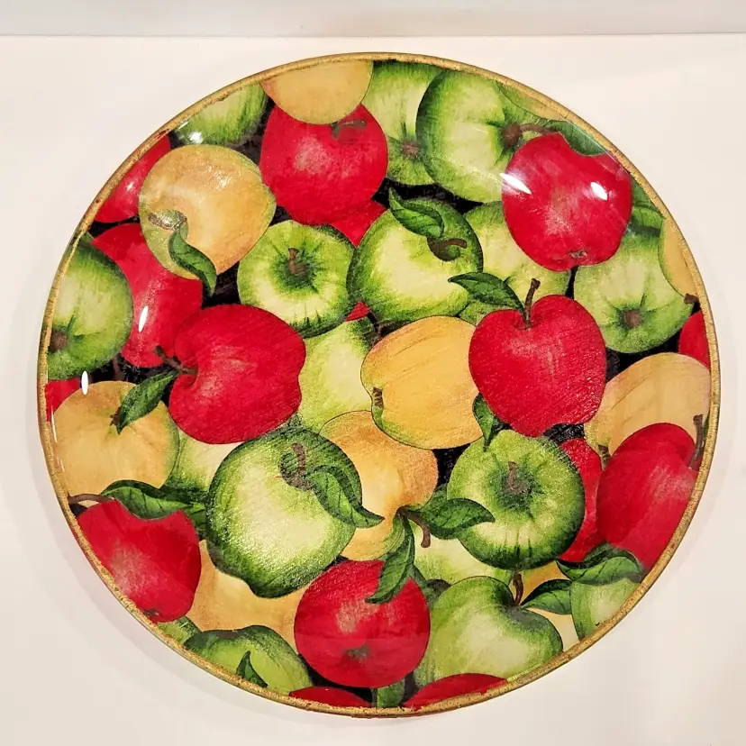 Decoupage Apple Plate w/ Gold trim Red Green Yellow Apples 10” Handmade