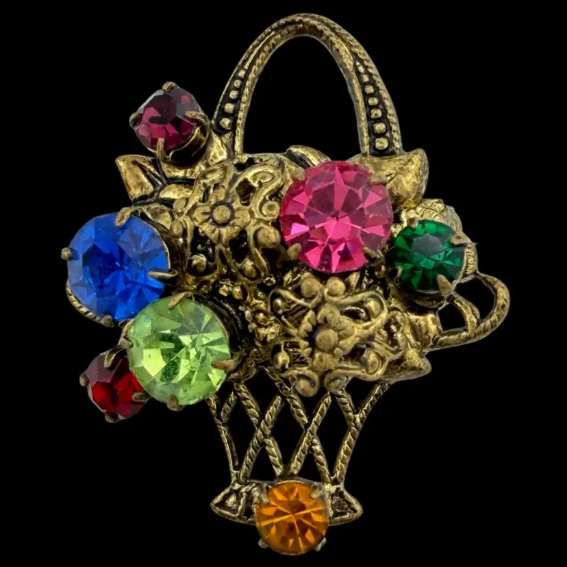Flower Basket Brooch Pin Multicolor Rhinestones 1.4"