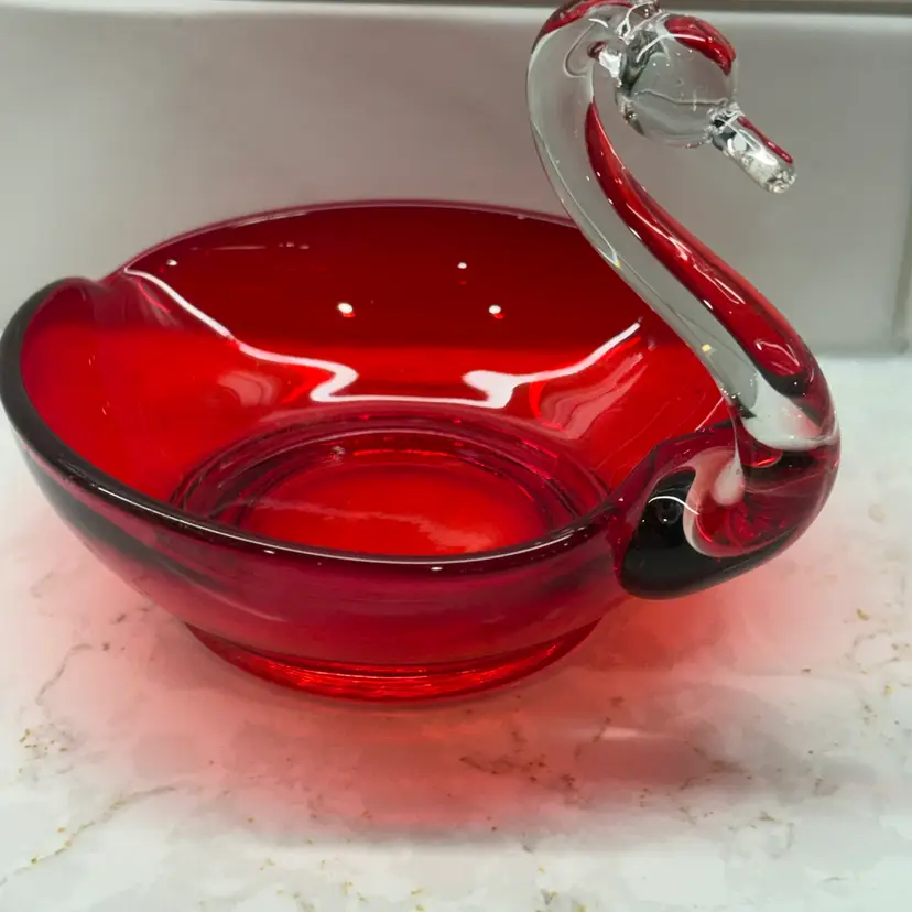 Vintage Ruby Red Glass Swan Bowl Candy Dish Hand Blown Trinket Dish 7" Red Bird