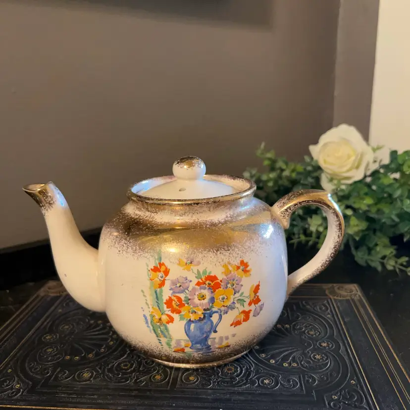 Vintage 1930s Price Bros English Teapot - Gold Luster Floral Motif - Made in England