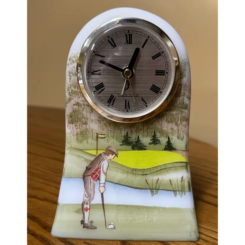 Fenton Art Glass hand painted "Golfer" Clock - Golf Scene Alarm Clock 6 1/8”