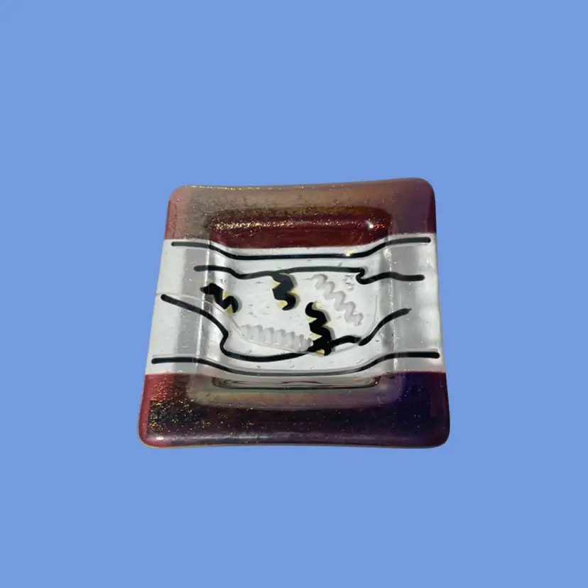 #095- Fused Glass Trinket Dish handmade Maroon Dichroic Bands Abstract Wavy Pattern