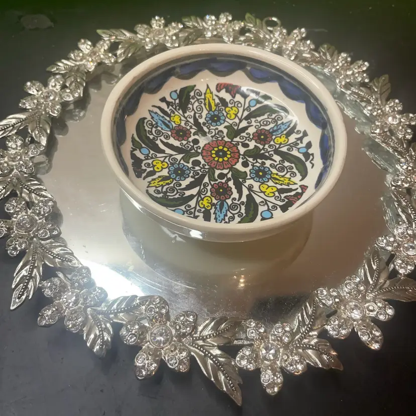 Handmade Judaica ceramic round dish from Hebron used as a trinket dish
