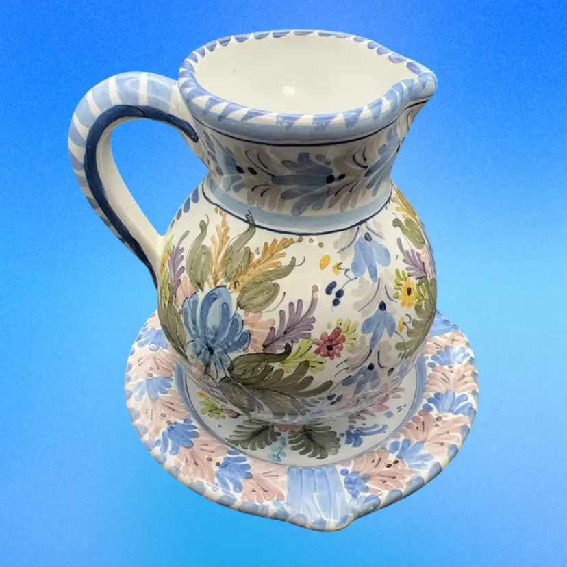 Vintage Italian? Hand Painted Floral Pottery Pitcher And Under Plane 3”