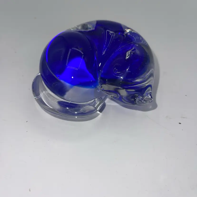 Art Glass Clear & Blue Sleeping Cat Paperweight