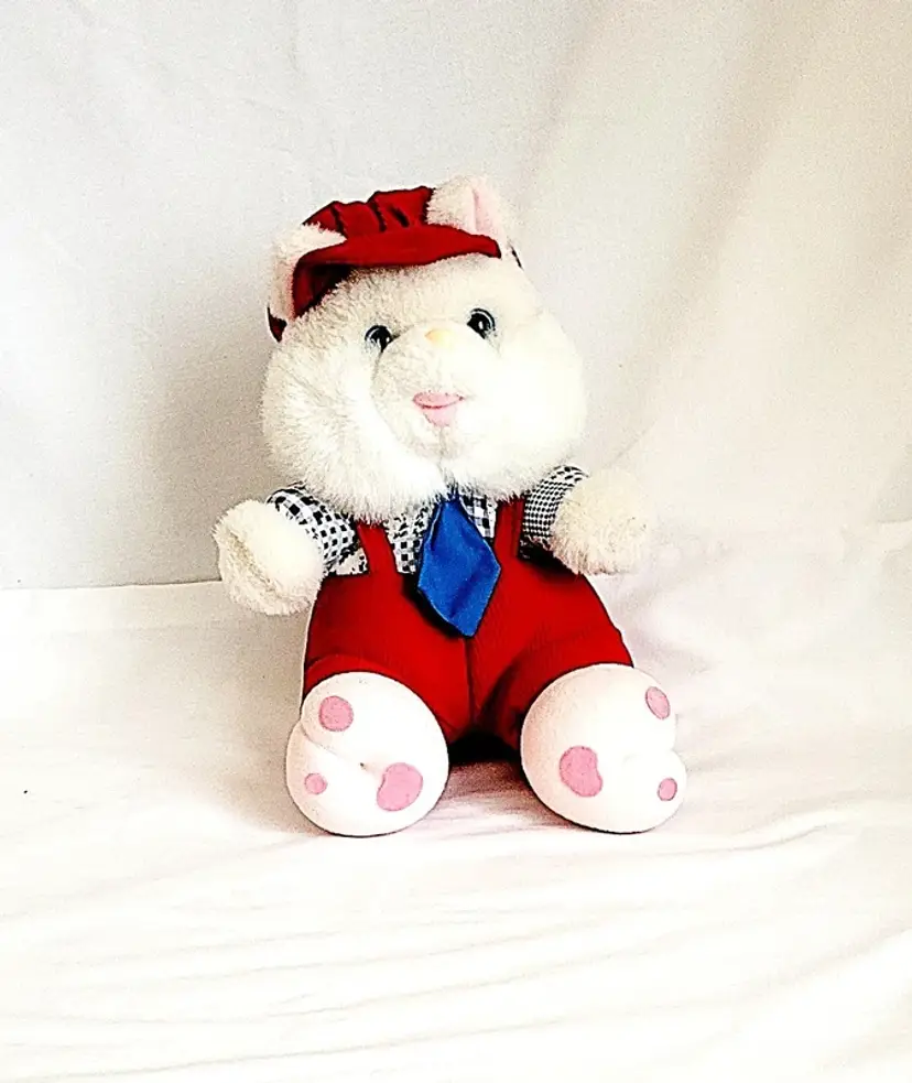 Seated White Bear in Red Overalls, Blue Checkered Shirt & Blue Tie