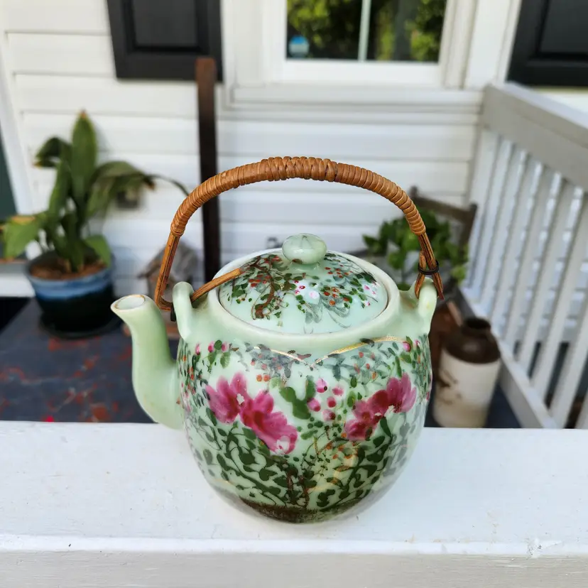 Japanese Seto Celadon Vintage Teapot 7" tall
