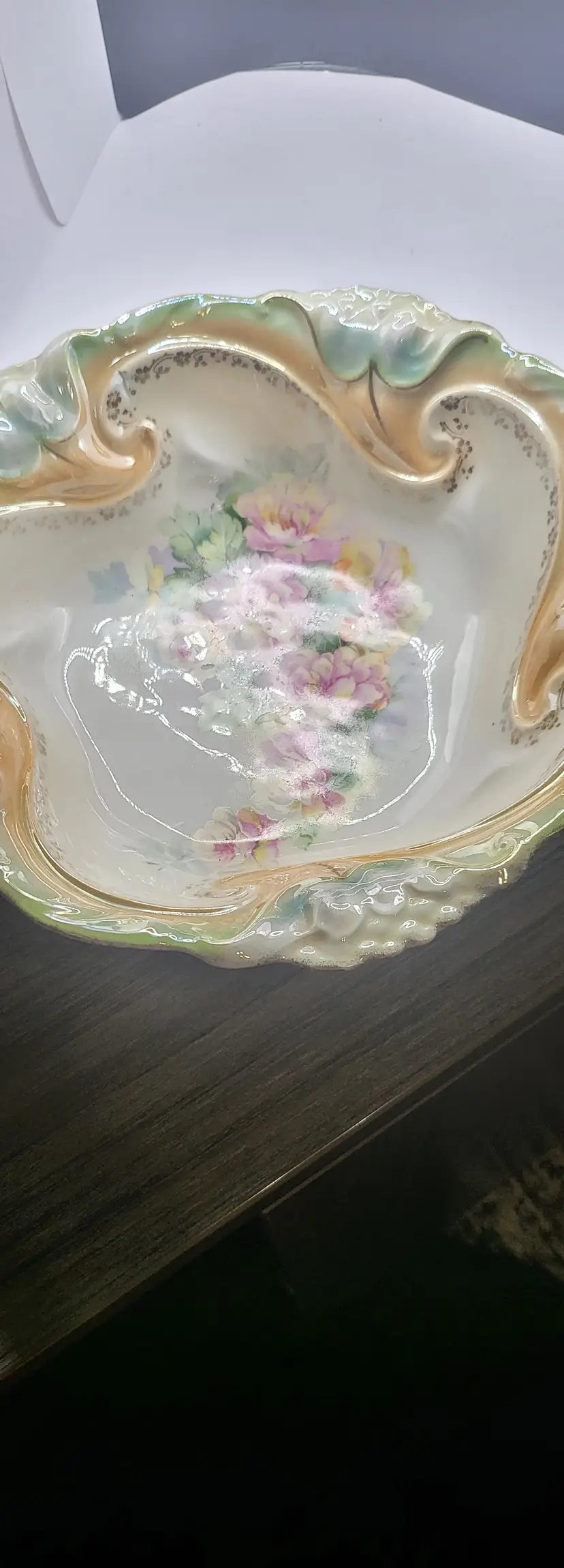 Antique Floral Porcelain Bowl with Scalloped Edges 11" RS Prussia Peach Pink and Green