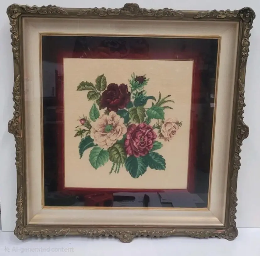 Stunning Framed Petit Point Embroidery by Babs Fuhrmann – Bouquet of Roses, Mid-20th Century, 12.8" x 11.7"