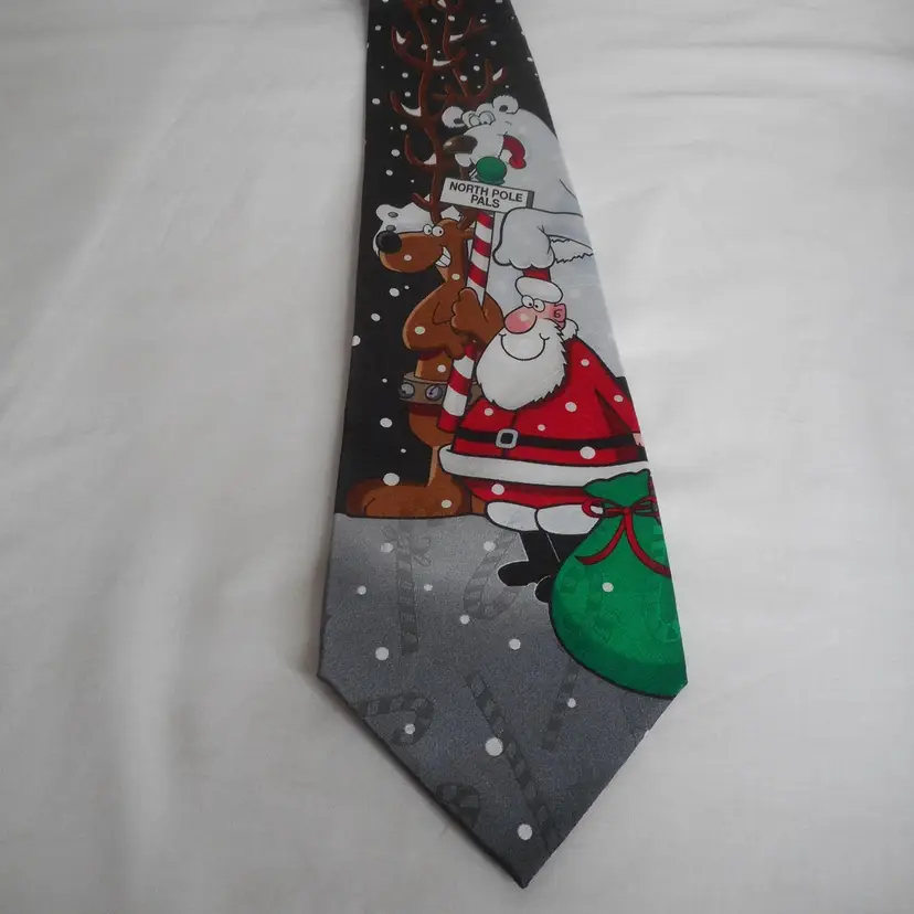Vintage Silk Santa Reindeer Polar Bear Holiday North Pole Pals Black tie Hallmark