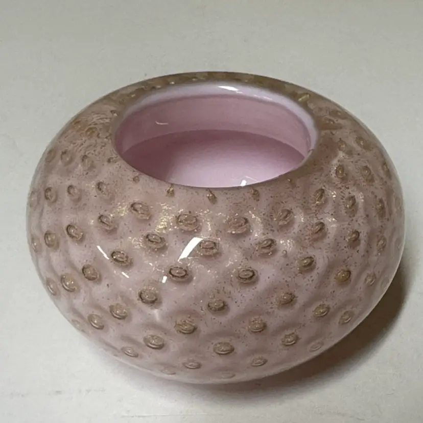 Murano Glass Alfredo Barbini pink with Gold Aventurine Bullicante votive 3.5”