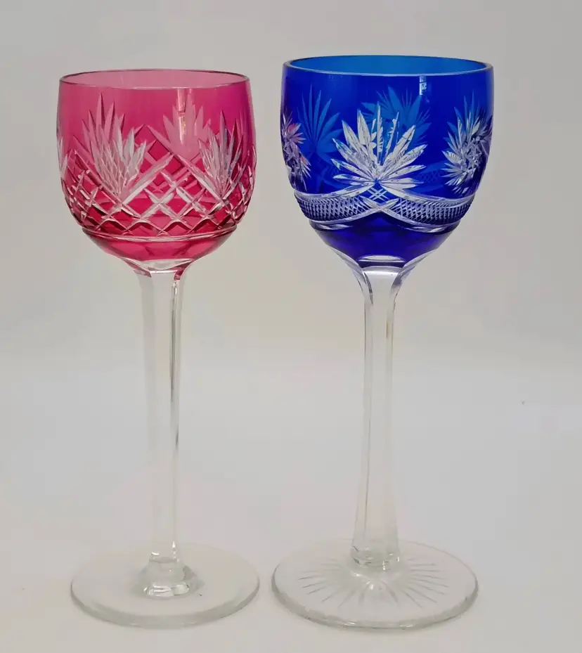 2 Bohemian Stem Wine Goblets ~ Cut to Clear Blue Cranberry Crystal ~ Barware Glasses