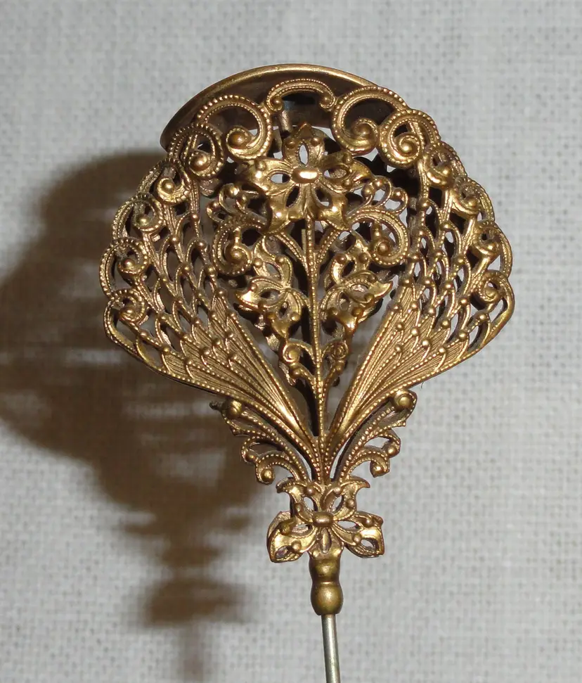 Antique Brass Hatpin ~ 1.75” x 2” Raised Head ~ Beautiful Filigree Fan/Scroll