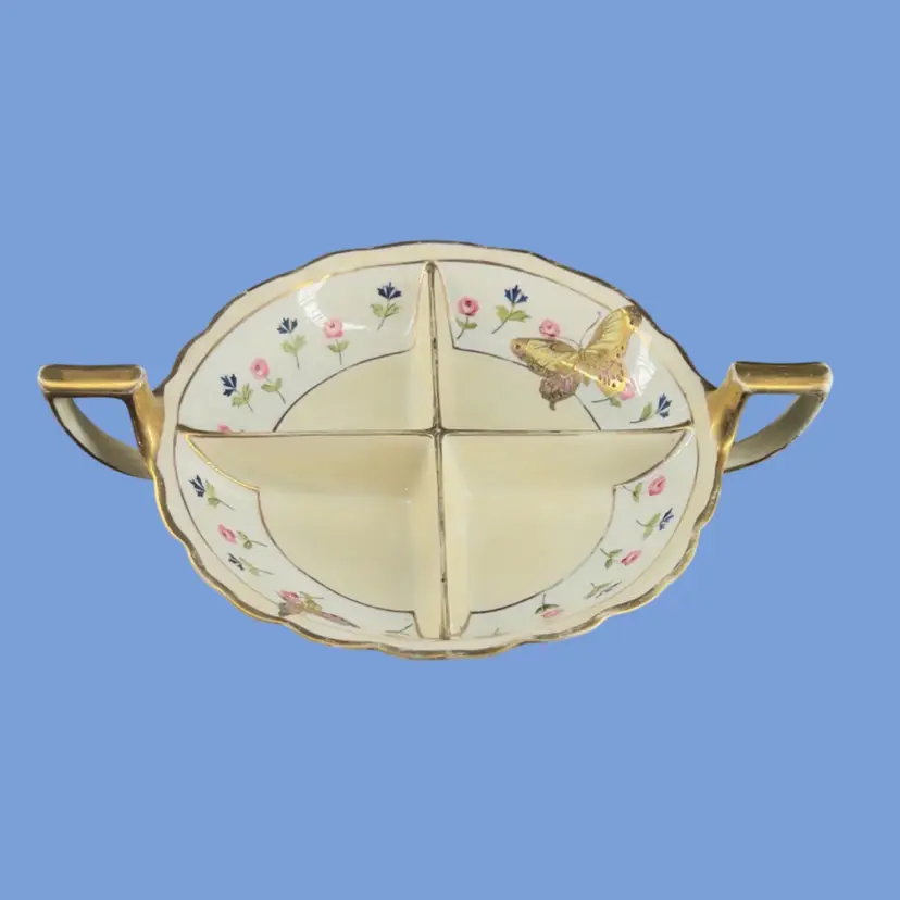 #075- Antique Divided Dish Relish Handled Condiment Server Serving Porcelain Gold Tone Hand Painted Nippon (Japan)