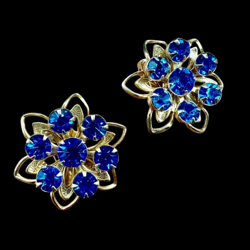 Vintage Filigree Blue Rhinestone Star Flower Clip On Earrings, 3/4”W, Unmarked