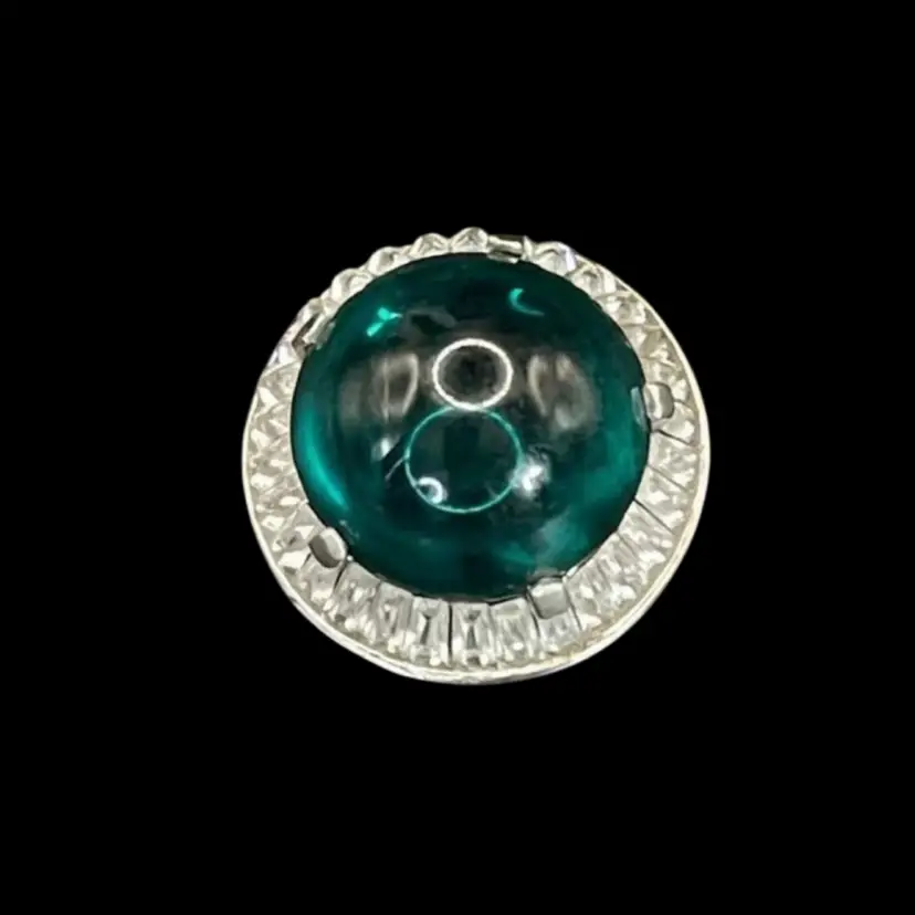 Rare Crown Trifari Art Deco Emerald Green Glass Cabochon Brooch