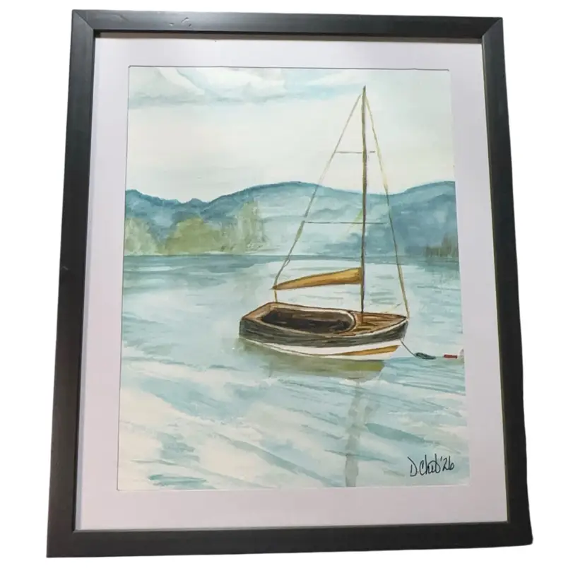 “Sail Tahoe ” Fall Nautical Theme 8”x10”Matted And Framed To 10”x12”Original Watercolor Painting
