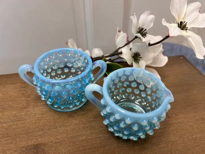 Blue Hobnail Glass Cream and Sugar Set