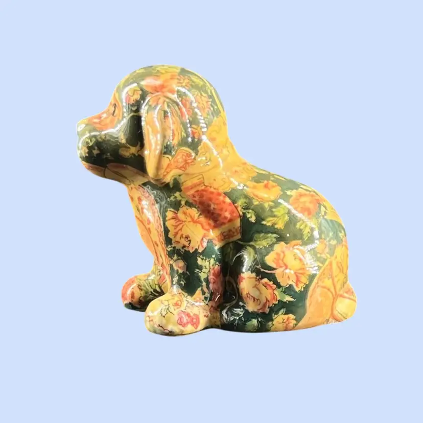#458- Vintage Puppy Dog Figurine “Porcelain Patchwork” Floral Decoupage Joan Baker Designs