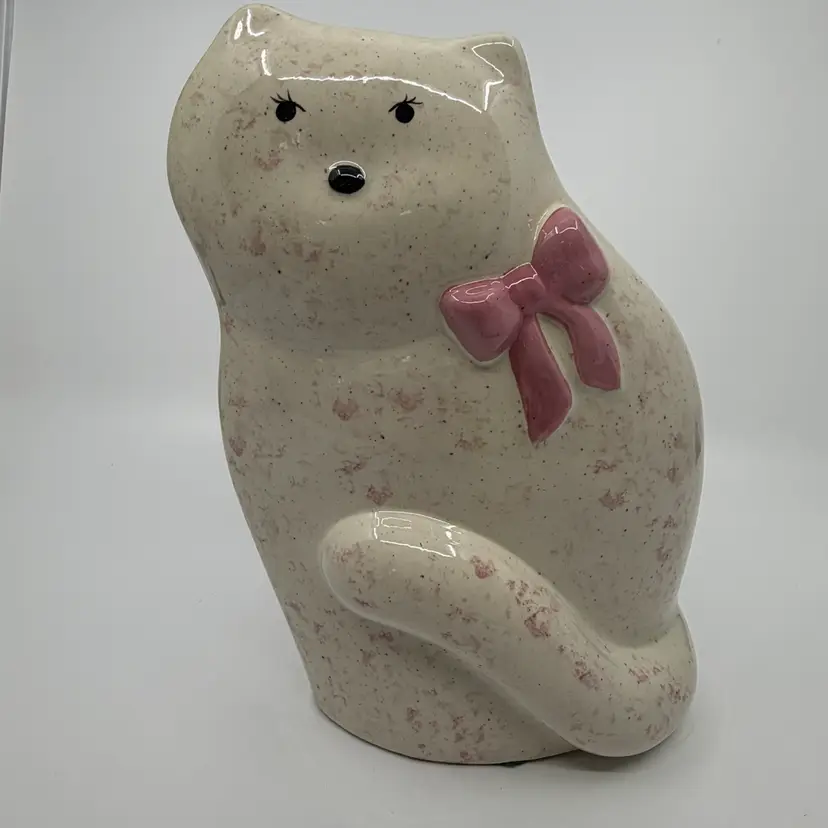 Vintage 80s Pink Sponge Paint Glaze Ceramic Cat Figurine 9.5”