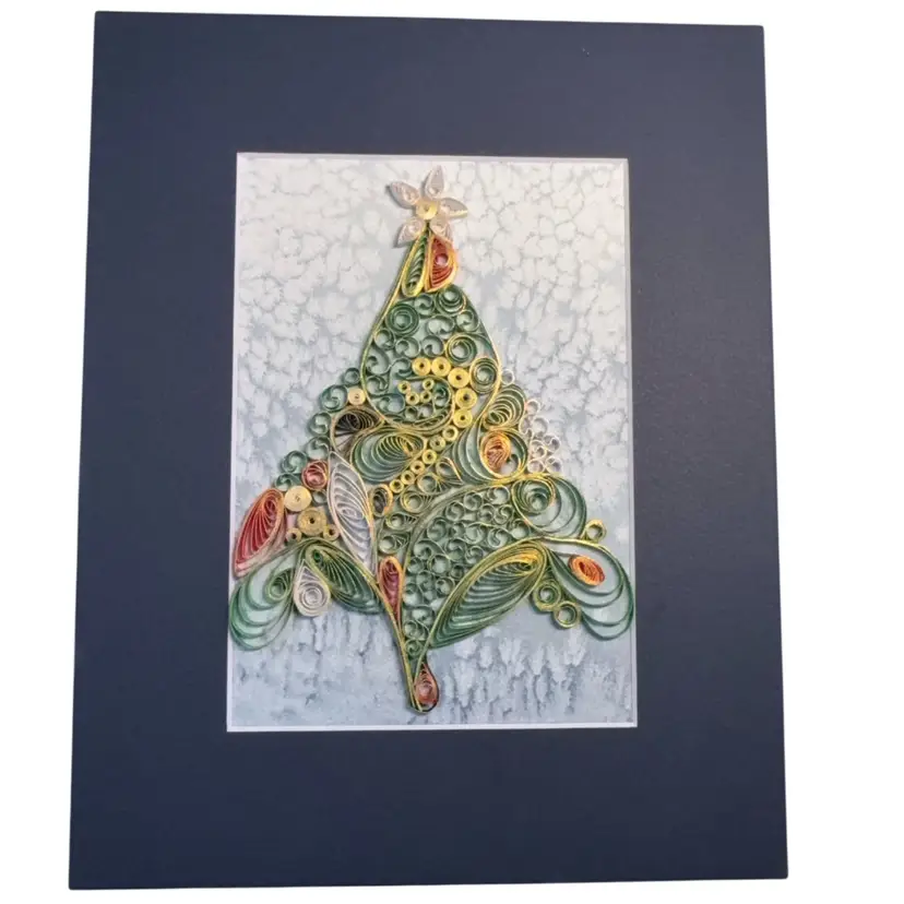 Original 5 X 7” Watercolor And Quilled Christmas Tree In Navy 8 X 10” Matte