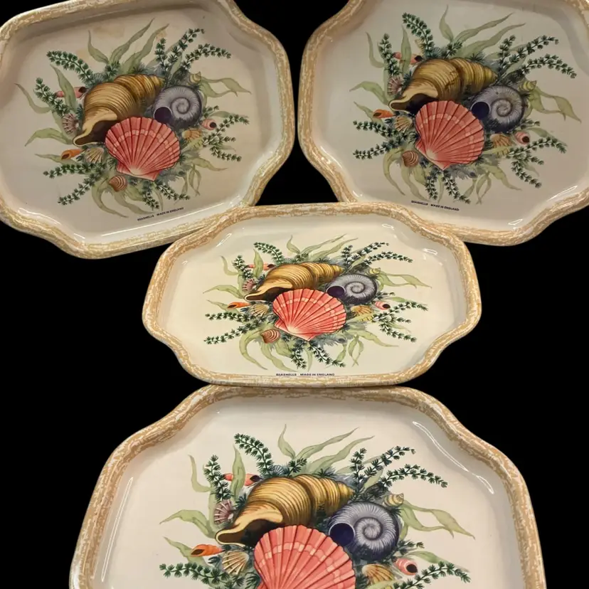 Vintage Elite Trays England Seashell Tin Trays Set
