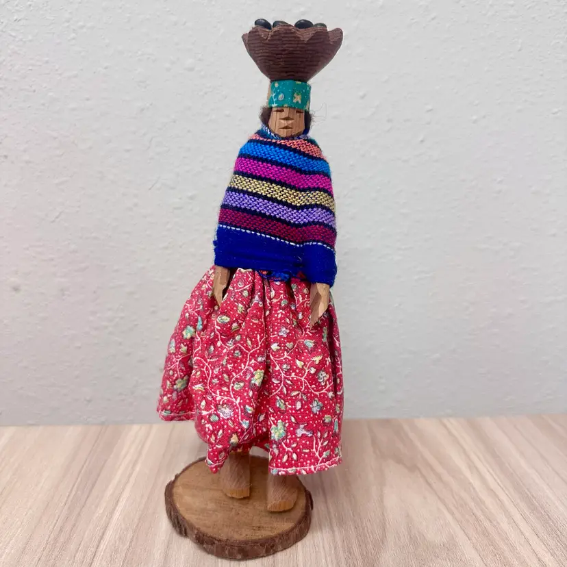 Vintage Hand-Carved Traditional Tarahumara Mexican Folk Art Wooden Doll W/ Baby
