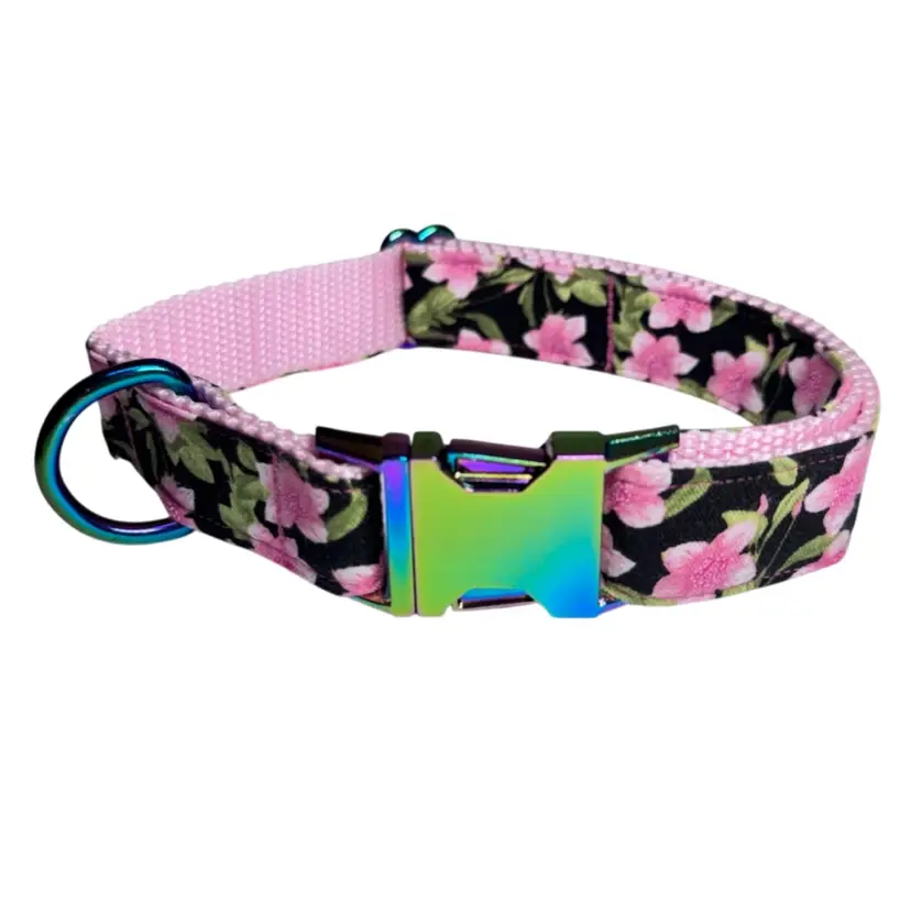 Dog Collar Pink Flower Print Large Handmade Heavy Duty W/Buckle NEW