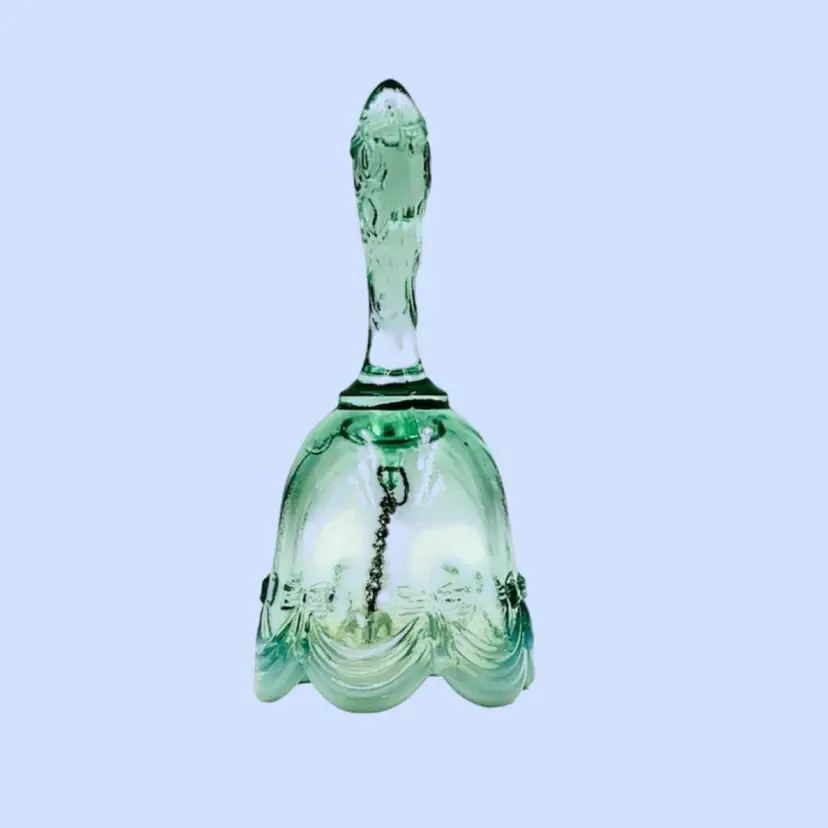 #393- Vintage Fenton Glass Bell Green Bows Scalloped Opalescent