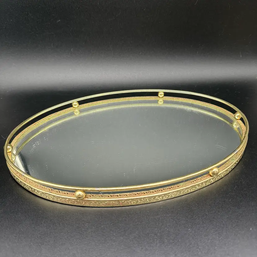 Vintage Gold Tone Oval Mirror Vanity Tray with Raised Beaded Rail 13x9” AS IS