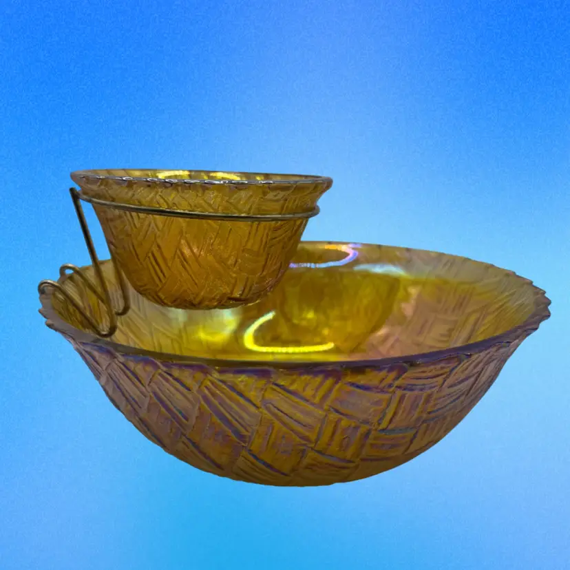 Indiana Glass Vintage Carnival Glass Basket Weave Marigold Chip & Dip Set 9x5”